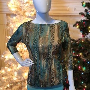 Only Nine Green Brown w/Crystals Leopard Print Top
